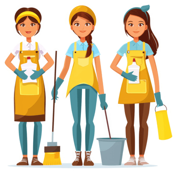 Three women in yellow aprons, ready to clean. png