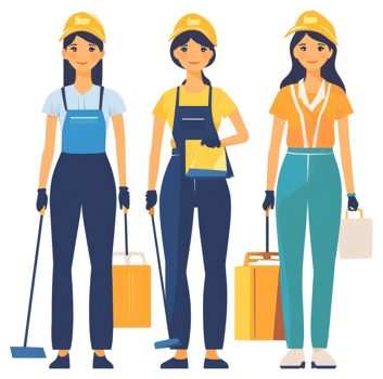Three women in uniform ready for cleaning duties. png