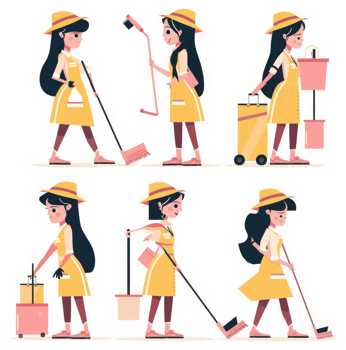 Animated female janitor characters in various cleaning poses. png