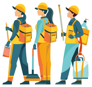 Three uniformed cleaning personnel equipped with supplies for public spaces. png