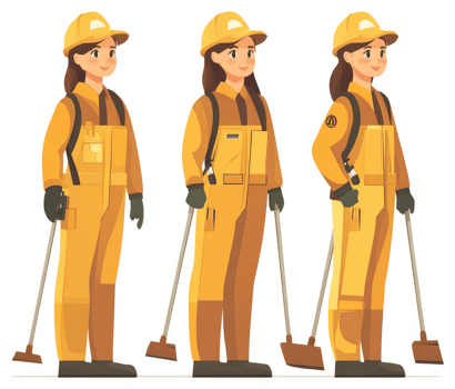 Three female sanitation workers in protective yellow uniforms. png