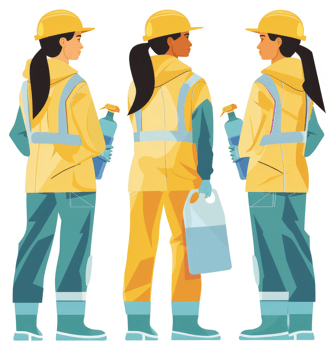 Three women in protective workwear carrying cleaning supplies. png