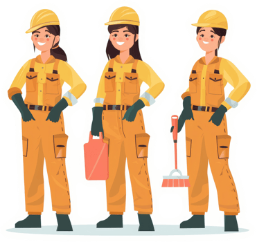 Three women in bright orange work uniforms, ready for a day of labor. png