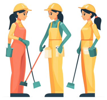 Three female janitors with cleaning supplies, ready to work. png