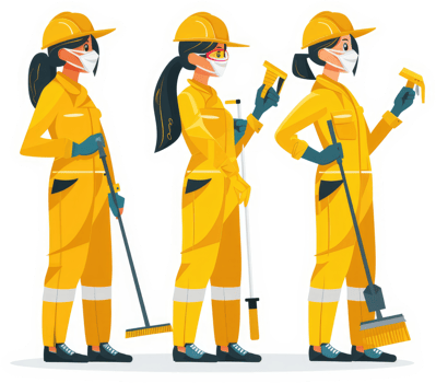 Three women in protective yellow uniforms, holding cleaning tools, wearing safety masks and safety glasses. png