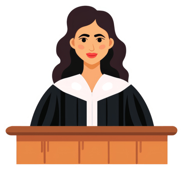 A female judge seated behind a wooden podium. png