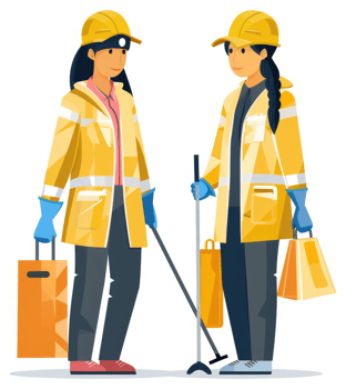 Two women sanitation workers in bright yellow protective clothing. png