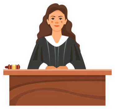 A female judge seated behind a wooden desk in a courtroom. png