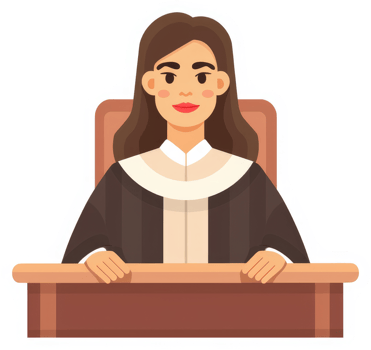 A female judge seated behind a wooden desk. png