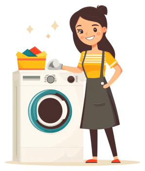 A cheerful woman stands beside a washing machine, ready to do laundry. png