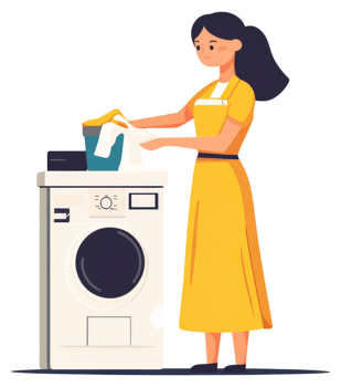 A woman loading laundry into a washing machine. png