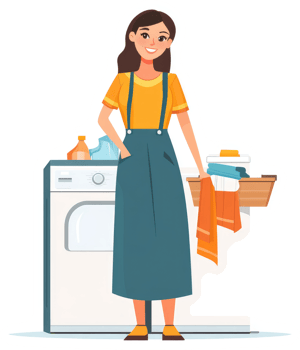 A woman stands by a washing machine, holding laundry. png