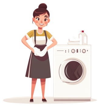 A woman happily doing laundry with a washing machine. png