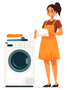 A woman stands near a washing machine holding laundry. png