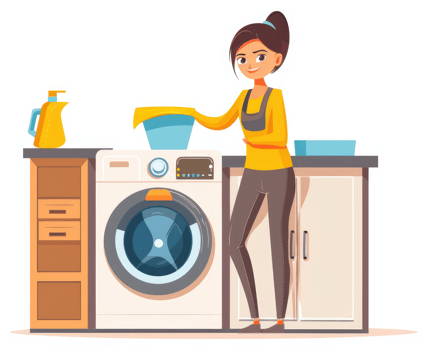 A cheerful woman loading laundry into a washing machine. png