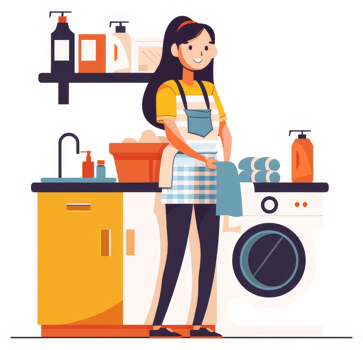 A woman in an apron doing laundry in a utility room. png