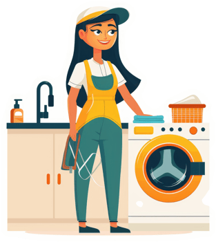 A young woman in an apron, happily doing laundry in a modern kitchen. png