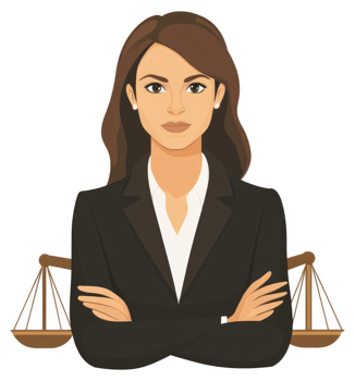 A professional woman in a business suit, with crossed arms, standing behind a balance scale. png
