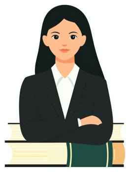 A professional woman in a business suit, resting her arms on a stack of books. png