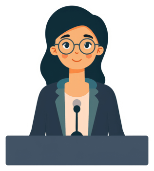 A woman speaking at a podium, dressed professionally. png