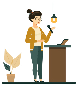 A woman giving a presentation at a podium. png