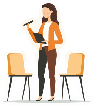 A woman giving a presentation with a microphone and notepad. png