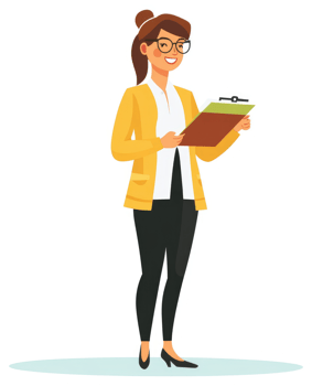A smiling woman in a yellow jacket holds a clipboard. png