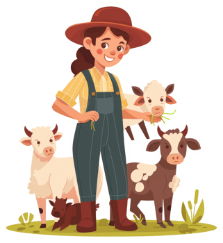 A young farmer tending to their sheep and cows. png