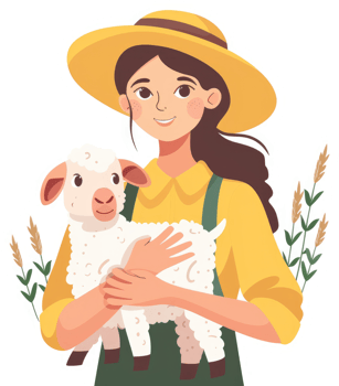 A young farmer holds a lamb gently. png