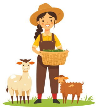 A cheerful farmer with a basket of fresh feed for her livestock. png
