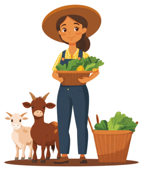 A farmer holding a basket full of fresh produce and tending to her goats. png