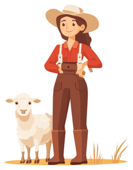 A smiling farmer with a sheep stands proudly in a field. png