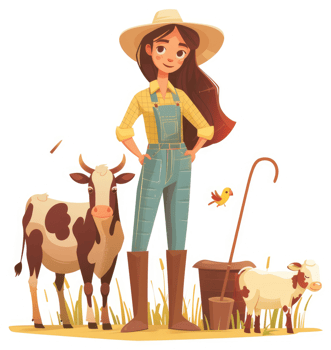 A young farmer stands with cattle in a picturesque rural scene. png