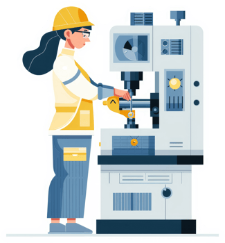 A female engineer operates a metalworking machine. png