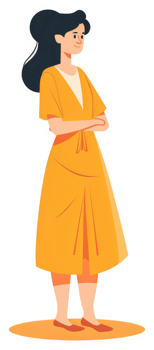 A confident woman in a vibrant orange-yellow dress. png