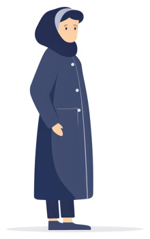 A woman in a winter coat and hijab, standing in profile. png