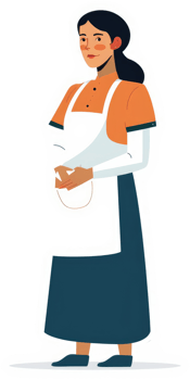 A smiling woman in an apron, ready to serve. png