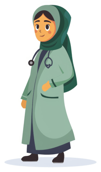 A female doctor in a hijab wearing a light sage green coat. png