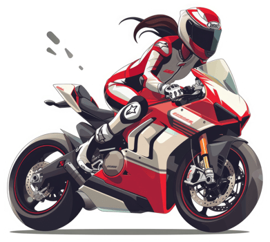 A skilled female motorcyclist astride a vibrant red and white sport bike. png