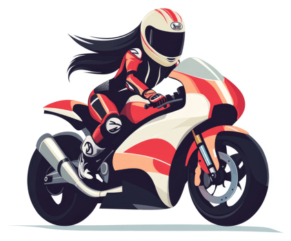 A female motorcyclist in a racing pose on a vibrant red and white motorcycle. png