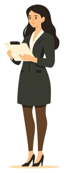 A professional woman in a business suit holding a clipboard. png
