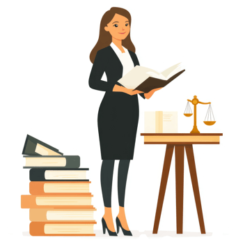 A female lawyer stands at her desk, reviewing documents and legal texts. png