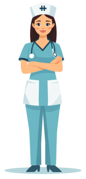A friendly female nurse in a teal uniform. png
