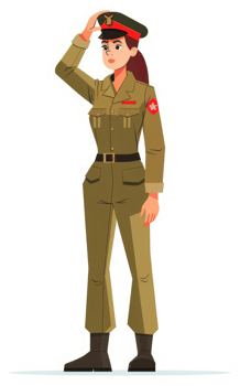 A female soldier in military uniform saluting. png