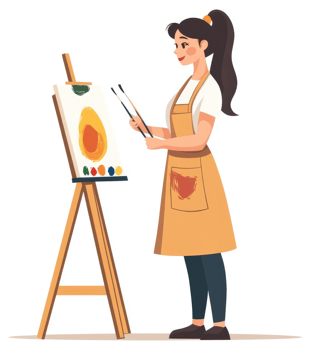 A young woman painting a vibrant artwork on an easel. png