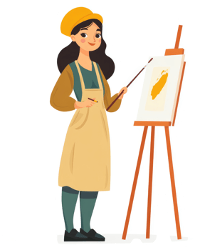 A young woman artist displays her painting on an easel. png