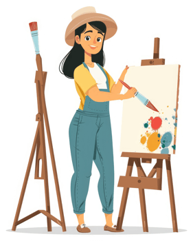 A young woman paints on a canvas easel. png
