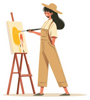 A young woman artist painting a vibrant abstract piece on an easel. png
