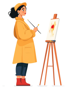 A young woman in a yellow coat paints on a canvas. png