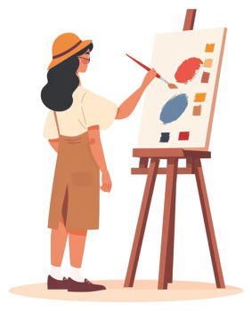 A young artist meticulously paints on a canvas easel. png